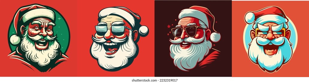 Set of Smiling Santa mascot cartoon style.Secret Santa Christmas illustration with Santa Claus.vector illustration of cute Santa mascot or character mascot logos.Groovy style.copy space.design assest