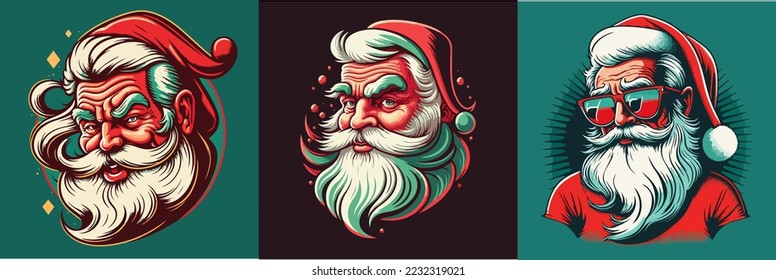 Set of Smiling Santa mascot cartoon style.Secret Santa Christmas illustration with Santa Claus.vector illustration of cute Santa mascot or character mascot logos.Groovy style.copy space.design assest