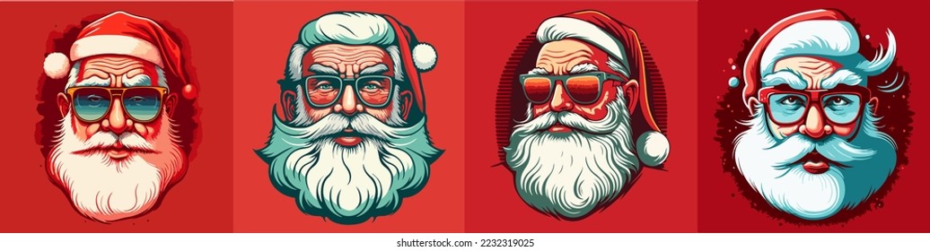 Set of Smiling Santa mascot cartoon style.Secret Santa Christmas illustration with Santa Claus.vector illustration of cute Santa mascot or character mascot logos.Groovy style.copy space.design assest