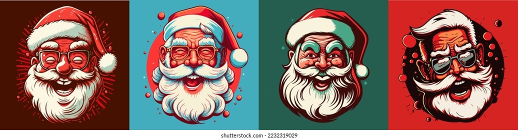 Set of Smiling Santa mascot cartoon style.Secret Santa Christmas illustration with Santa Claus.vector illustration of cute Santa mascot or character mascot logos.Groovy style.copy space.design assest