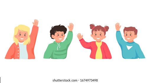 Lächelnde Schüler stellen Fragen, die einzeln auf weißem Hintergrund gestellt werden. Kollektion süßer Kinder antwortet, Händeheben bei Vektorillustration grafischen Illustrationen. Positives Kinderstudium in der Schule