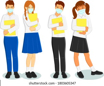 Conjunto de estudiantes escolares sonrientes con uniforme y máscara facial. Dibujo infantil lindo estilo simple vector plano. De vuelta a la ilustración escolar.