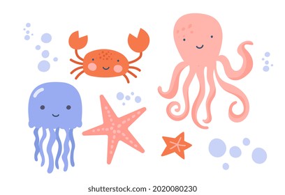 Set of smiling sea creatures on white background. Crab, octopus, squid, and starfish swimming together in ocean. Flat cartoon vector illustration