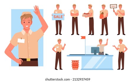 Grupo de vendedor sonriente en poses de trabajo de diversas tiendas. Auxiliar de tienda de cajeros, consumidores que prestan servicios y consultan a un vendedor, guiando y acogiendo a los clientes ilustración vectorial plana