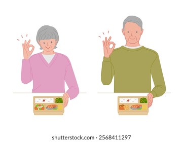 A set of smiling senior couples making a circle pose with their hands on their lunchbox