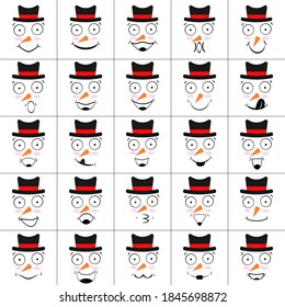 Set of smiling snowmen faces with nose, carrot and hats. Collection of emoticons and emoji. Black and outline elements on a white background. Isolated vector illustrations, icons.