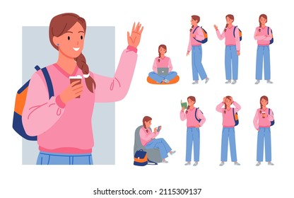 Set of smiling student girl with backpack in different poses. Female teenager daily activities of reading, studying and learning, school education program cartoon vector illustration