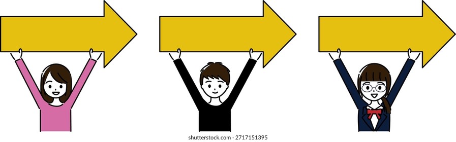 Set of smiling students holding yellow right-pointing arrows