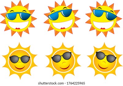 set of smiling sun, vector graphics, moving elements