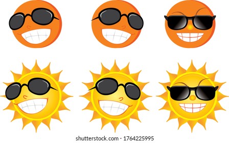 set of smiling sun, vector graphics, moving elements