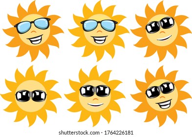 set of smiling sun, vector graphics, moving elements