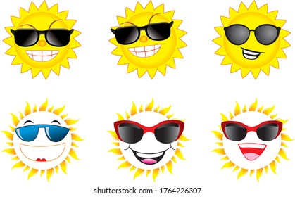 set of smiling sun, vector graphics, moving elements