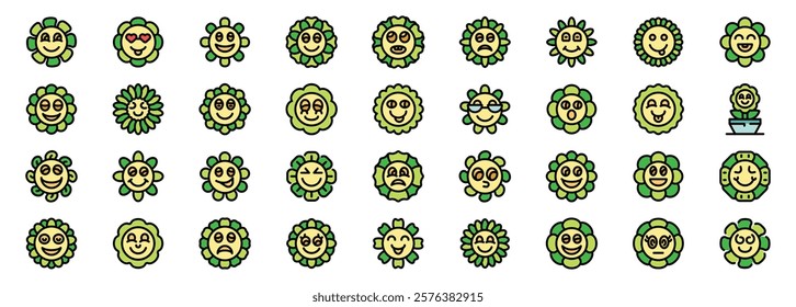 Set of smiling sunflower characters with various emotions, perfect for children's illustrations, nature themed designs, and adding a touch of joy