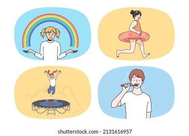 Set of smiling teen kids enjoy leisure time relaxing outdoors. Collection of happy little children have fun on daily life, have joyful childhood. Upbringing and entertainment. Vector illustration. 