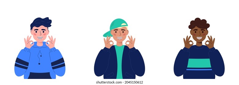 Set of smiling teens with braces. Dental braces concept. Dental care. Smiling trendy boys with braces on teeth in flat style.Orthodontic treatment. Boys showing okey. White background.