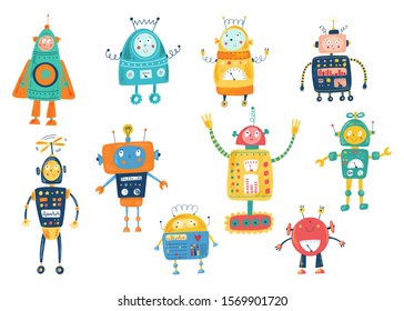 Set of smiling toy robots in cartoon flat style. Isolated hand drawn vector robots. Kids background. Character for boys. Children transformer, android, cyborg. 