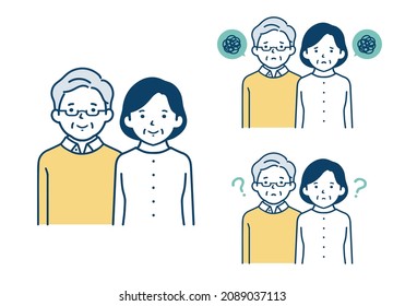 A set of smiling and troubled facial expressions of a senior couple.