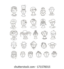 Set of smiling, various ethnic faces and professions