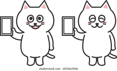 Set of smiling white cat holding a smartphone. Vector illustration isolated on white background.