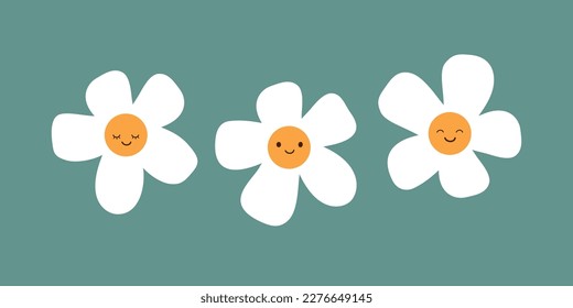Set of Smiling White Daisy Flowers on Green Background - Cute Cartoon Characters - Vector Illustration