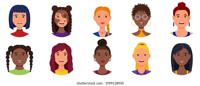 Set of smiling women avatars. Women of various unusual appearances. Isolated portraits on a white background.