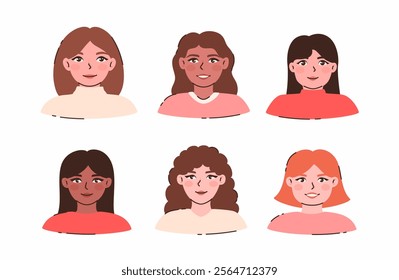 Set of smiling women of different races. Flat vector illustration.