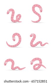 Set of smiling worms in different poses isolated on white background