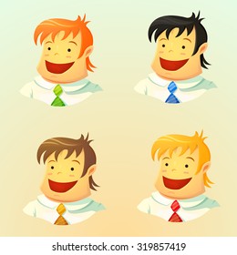 Set of a smiling young business men with different color hair and ties, user avatars in cartoon style, character design, vector illustration