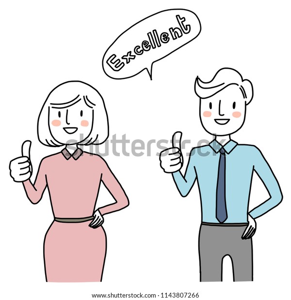 Set of Smiling young man and woman with arm\
akimbo, showing thumb up and saying \