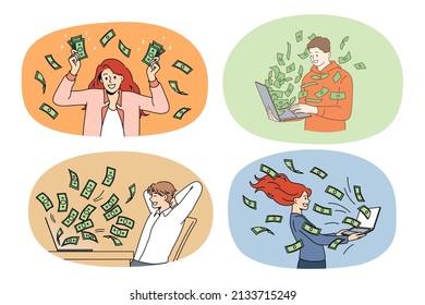 Set of smiling young people get cash from computer work. Collection of happy businesspeople receive passive income from investment. Finance and banking. Lottery win. Vector illustration. 