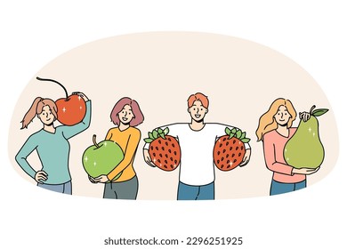 Set of smiling young people holding huge fruit follow healthy lifestyle. Happy men and women with apple, pear and strawberry recommend vegetarian diet and vitamin eating. Vector illustration.