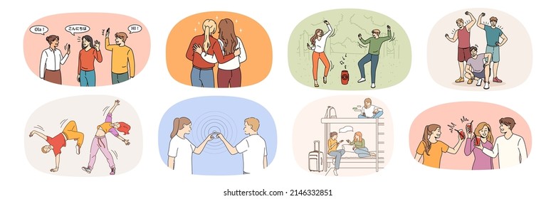 Set of smiling young people relax together on leisure weekend in campus. Collection of happy overjoyed millennial friends have fun enjoy summer vacation. Friendship. Vector illustration. 