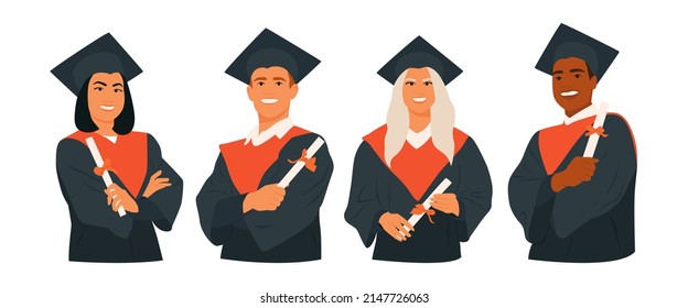 Set of smiling young students in graduation costume showing his diploma. Boy, girl graduate in mantle and academic square cap. Graduation ceremony, party. Hand drawn flat vector character illustration