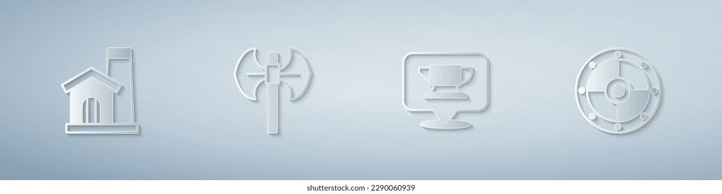 Set Smithy taller interior, poleaxe medieval, herrero herramienta yunque y escudo redondo. Estilo de arte de papel. Vector