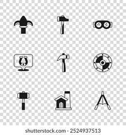 Set Smithy workshop interior, Round shield, Air blower bellows, Hammer, Welding glasses, Classic iron fence,  and Horseshoe icon. Vector