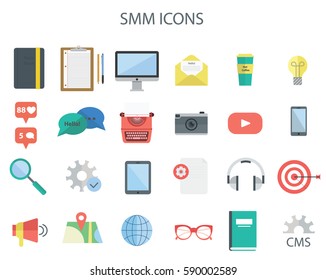 Set of SMM icons. Perfect for infographic, web site, advertising. Also can be used for SMM courses or school. 