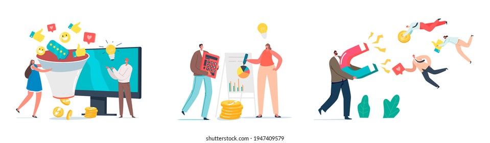 Set Smm, Social Media Marketing. Characters Sending or Receive E-mail with Promo, Subscribe on Newsletters. Influencer Network Promotion, Online Business Strategy. Cartoon People Vector Illustration