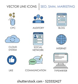 Set of smm,seo and marketing elements. Perfect for poster, web-sites, infographic. Also can be used for school or courses banner.