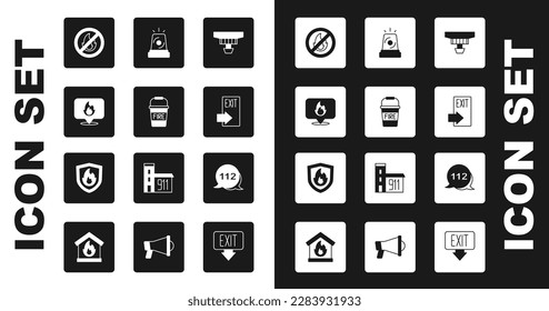 Set Smoke alarm system, Fire bucket, Location with fire flame, No, exit, Flasher siren, Emergency call and protection shield icon. Vector