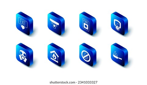 Set Smoke alarm system, Fire, Gas mask, Pan with fire, No, in burning house,  and exit icon. Vector