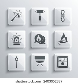 Set Smoke alarm system, Fire, Hand holding fire, Telephone call 911, Burning match with, Flasher siren, Firefighter axe and Climber rope icon. Vector