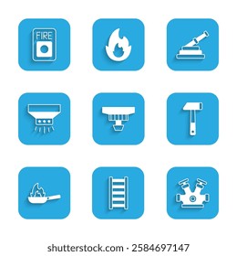 Set Smoke alarm system, Fire escape, hydrant, Hammer, Pan with fire, sprinkler, hose reel and  icon. Vector