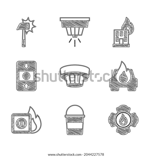 Set Smoke alarm system, Fire bucket, Firefighter,\
Burning car, Electric wiring of socket fire, burning building and\
axe icon. Vector