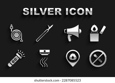 Set Smoke alarm system, Lighter, No fire match, Location with flame, Flashlight, Megaphone, Fire hose reel and Metal pike pole icon. Vector