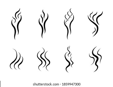 Set of smoke, aroma, smells icons. Symbols, logos cooking steam odour, fume of flame,  stink,  vapor in minimal style. Signs  of glasses of hot drinks.  Hand drawn vector illustration.