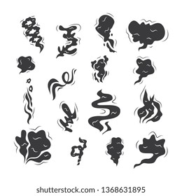 Set of smoke cloud shapes, black symbols for smog and air pollution, bad smell and vapor fume, collection of simple icons of gas in motion, flat vector illustration isolated on white background