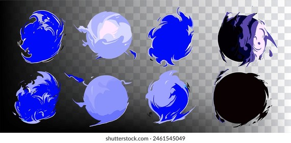 Set of smoke clouds in cartoon anime style. Vector visual effects to depict fights and explosions.