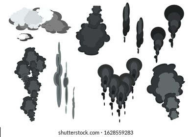Set of smoke clouds isolated on white background. Collection cartoon smoke dust icon. Grey steam cumulus carbon gas cloud. Environmental pollution problem, ecology industrial harm. Stock vector.
