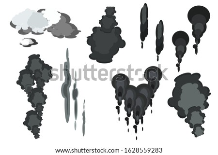 Set of smoke clouds isolated on white background. Collection cartoon smoke dust icon. Grey steam cumulus carbon gas cloud. Environmental pollution problem, ecology industrial harm. Stock vector.

