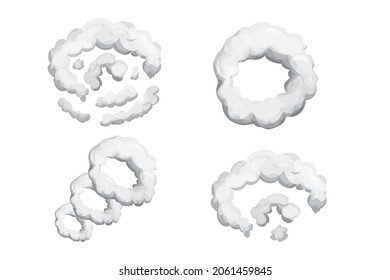 Set smoke dust explosion in cartoon style isolated on white background. Collection frame, game asset. Abstract gray cloud, gas, motion element. 
